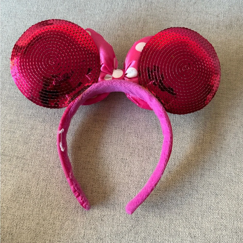 Minnie Mouse Hot Pink Sequin Ears with Polka Dot Bow Headband, Adult OS